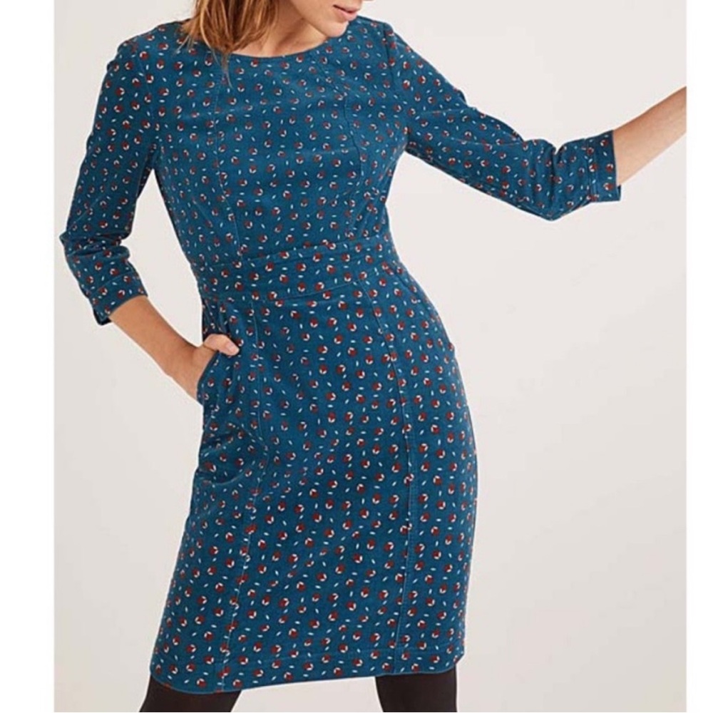 Boden Blue Coraline Three-Quarter Sleeve Dress Baltic Scattered Pear Women's 12